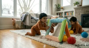 A cozy indoor setup in a Canadian home featuring wooden toys that encourage crawling during winter months.