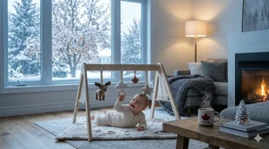 A cozy indoor nursery setting in Canada featuring a plush baby play gym during the winter season.
