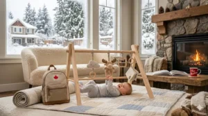 A cozy indoor scene showing a portable baby activity gym near a fireplace, perfect for Canadian winter play sessions.