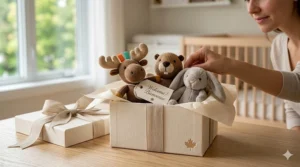 A group of diverse children are seated around a rustic wooden picnic table on a sunny day at a Canadian summer camp by a lake, happily using jewelry making kits to create bracelets.