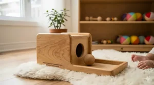 Traditional Montessori object permanence box, a sensory toy helping Canadian infants develop fine motor skills.