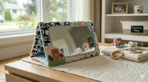 Shatter-proof floor mirror for tummy time, promoting self-discovery and sensory play for 0-6 month olds.