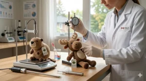 A young girl wearing a cozy red plaid flannel shirt sits by a frost-covered window during a snowy Canadian winter, focused on creating a colorful bead necklace from a jewelry making kit.