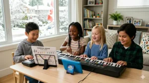 A colorful kids piano keyboard featuring easy-to-read color-coded sheet music for beginners in a modern playroom. Clavier de piano pour enfants avec partitions à codes couleurs pour débutants.