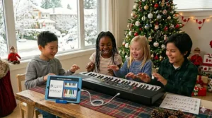 A modern kids piano keyboard connected to a tablet for interactive music lessons and MIDI recording. Clavier de piano intelligent connecté à une tablette pour des cours de musique interactifs.