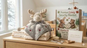 A premium lovey security blanket gift set, a popular choice for Canadian baby showers and new parents.