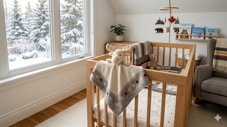 A soft organic cotton lovey security blanket draped over a wooden crib in a modern Canadian nursery with maple leaf decor.