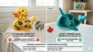 Illustration of a mesh hanging organizer for bath toys to promote airflow in a humid bathroom environment.