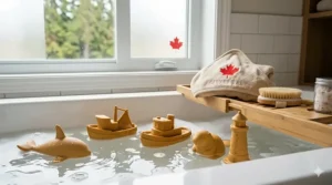A photorealistic close-up illustration of a 100% natural rubber duck toy with a seamless, hole-free design to prevent mold growth, sitting on a tiled tub ledge.