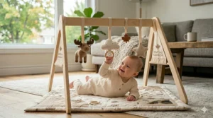 A wooden Montessori baby play gym featuring a "Made in Canada / Fait au Canada" maple leaf icon.