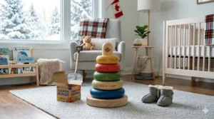 Primary colored Montessori stacking rings toy for developing fine motor skills in toddlers.