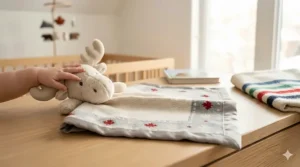 A cute Canadian-themed moose lovey security blanket with soft satin edges for sensory comfort.