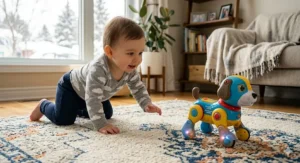 A battery-operated rolling toy with lights and music designed to encourage crawling in infants.