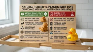 A photorealistic 4K hero shot of natural rubber bath toys including a beaver and a duck floating in a white bathtub filled with bubbles and soft, natural daylight in a Canadian home.