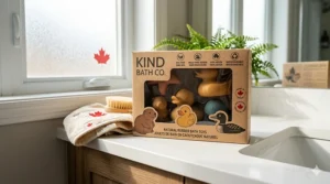 A detailed photorealistic comparison chart titled 'Natural Rubber vs. Plastic Bath Toys' in English and French, detailing the safety, mold-resistance, and sustainability of natural rubber over synthetic plastic alternatives.