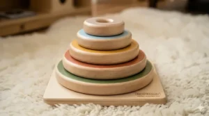 Hand-painted natural wood stacking rings, a classic Montessori sensory toy for infants, meeting Health Canada safety standards.