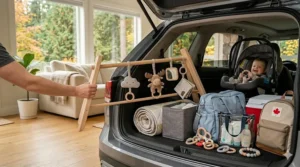 Illustration highlighting the organic, non-toxic materials of a portable baby activity gym, meeting Canadian safety standards.