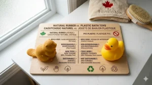 A highly detailed photorealistic close-up of non-toxic natural rubber bath toys, labeled as BPA-free and phthalate-free, resting on a clean bathroom counter in natural light.