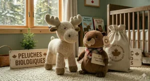 An illustration of an organic stuffed animal wrapped in sustainable packaging, perfect for a Canadian baby shower gift.