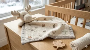 Hand-drawn illustration of an eco-friendly lovey security blanket made from sustainable materials sourced in Canada.