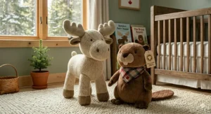 An illustration of a plush organic stuffed beaver with its signature tail, labeled in English and French (peluche biologique).