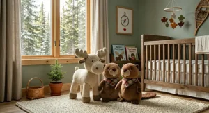 Close-up illustration of a soft, organic cotton stuffed moose toy, a classic Canadian wildlife plush.