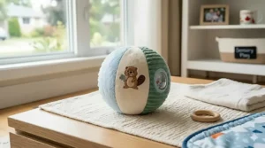 Colorful plush sensory ball with various textures for tactile stimulation in babies under 6 months.