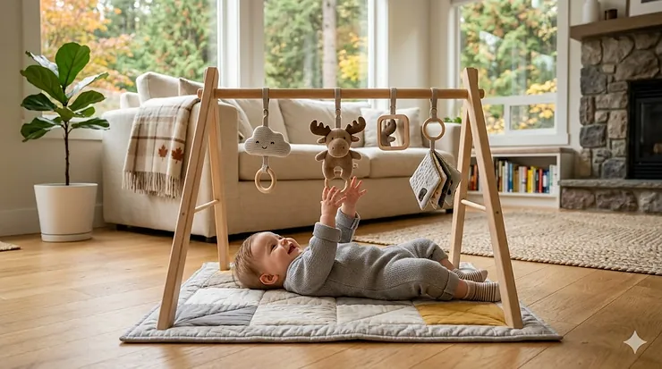 A modern portable baby activity gym featuring maple wood accents, set in a bright Canadian living room with a neutral aesthetic.