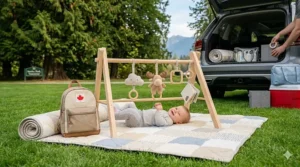 A portable baby activity gym placed on a picnic blanket in a lush green Canadian park during summertime.