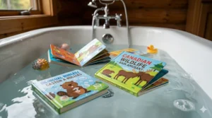 A diaper bag packed with indestructible baby books for a family trip across Canada, emphasizing lightweight portability.