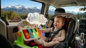 A compact baby piano toy packed in a diaper bag for a family road trip through the Canadian Rockies.