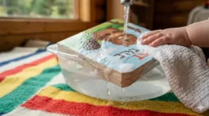 A close-up illustration of hands trying to tear the pages of indestructible baby books to demonstrate they are unrippable.