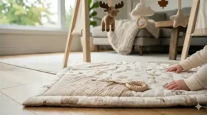 Close-up illustration of sensory textures on a baby play mat, including crinkle paper and BPA-free silicone teethers.