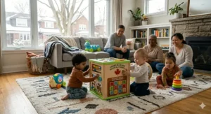 Textured sensory balls rolling across a floor to provide visual stimulation and toys that encourage crawling.