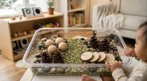 A curated Montessori sensory bin for infants featuring safe, Canadian-sourced natural materials and textures.