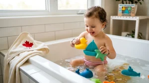 Textural illustration of various mold free bath toys that aid in sensory development for infants and toddlers.