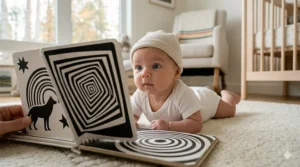 Close-up of a newborn focusing on a high-contrast black and white geometric pattern to support visual development.