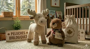 Illustration of a baby engaging with the varied textures of an organic stuffed animal for sensory development.