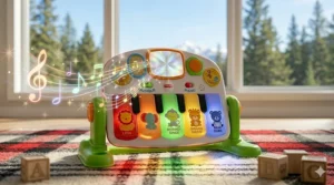 Vibrant illustration of a baby piano toy emitting soft glowing lights and musical notes to stimulate 6-month-old sensory growth.