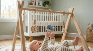 Set of detachable sensory toys for a wooden baby gym including a soft moose plush and natural wood rings.