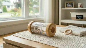 Gentle rainmaker shaker toy providing auditory sensory input for infants 0-6 months.