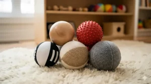 Set of multi-textured BPA-free sensory balls for infant tactile development, featuring soft maple leaf red and neutral tones.