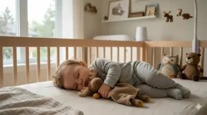 Calming illustration of a sleeping infant with a soft "lovey" style baby soft toy.