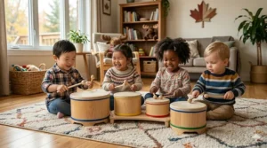 Interactive stacking musical rings with translucent colors and internal rattling beads, helping Canadian infants develop coordination and rhythm.