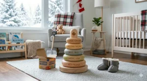 A Canadian wildlife themed stacking rings toy featuring a friendly moose head topper.
