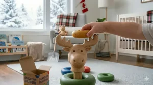 A wooden stacking rings toy designed to look like a snowman, perfect for Canadian winter play.