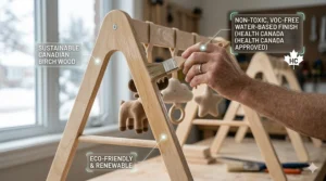 Hand-drawn style illustration of a sustainable birch wood baby gym frame with non-toxic finishes.
