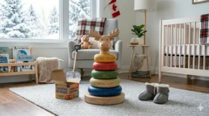 Sustainable maple wood stacking rings toy handcrafted for eco-conscious Canadian parents.
