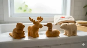 A high-resolution, photorealistic close-up focusing on the varied and intricate sensory textures of a natural rubber teething toy and a rubber loon, designed for baby development.