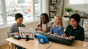 A bright and durable 24-key kids piano keyboard toy designed for toddlers to develop fine motor skills. Premier clavier de piano miniature conçu pour le développement de la motricité globale chez les tout-petits.
